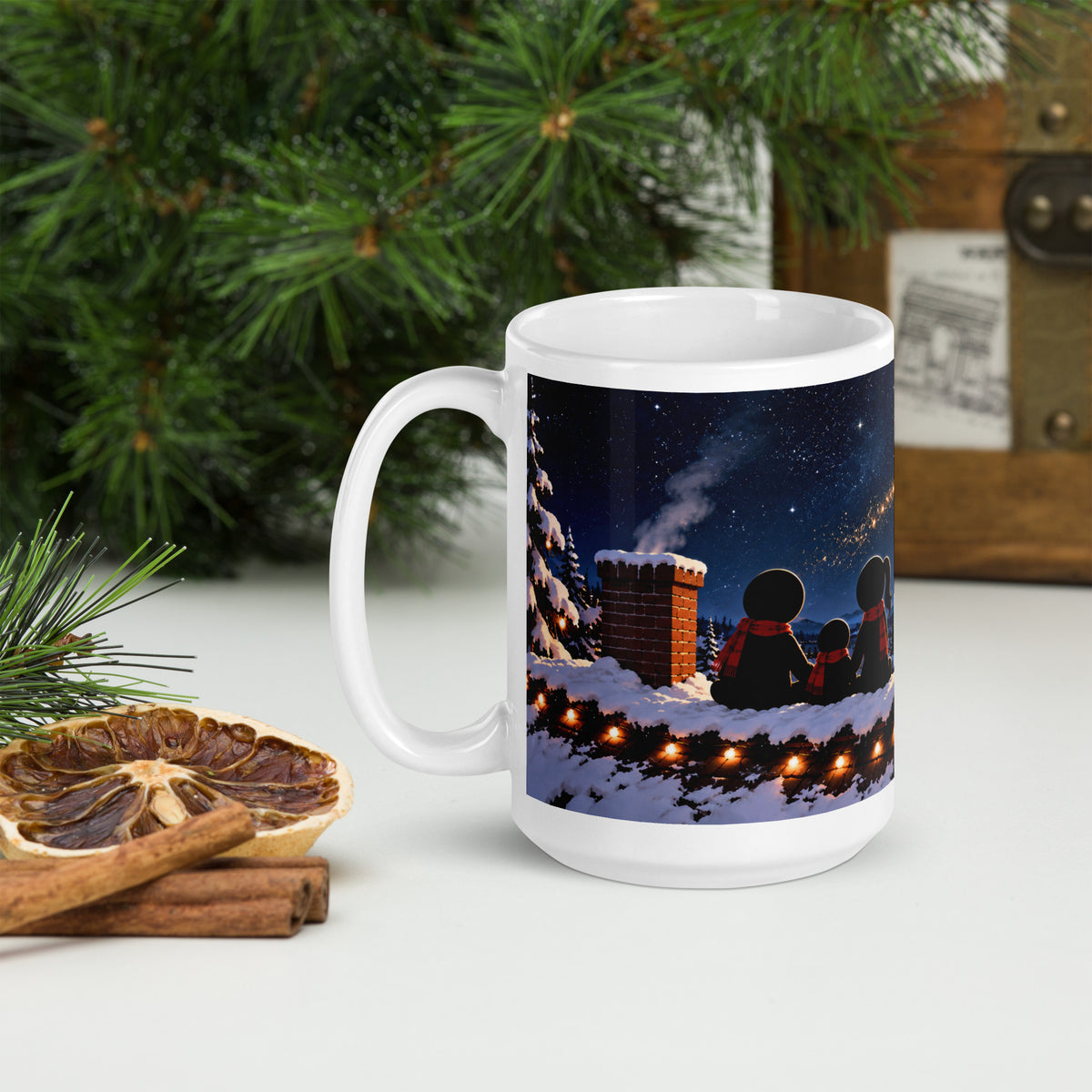 MOONLIT PASSAGE white 15 oz holiday mug, view with the handle on the left, showing another part of the winter illustration.