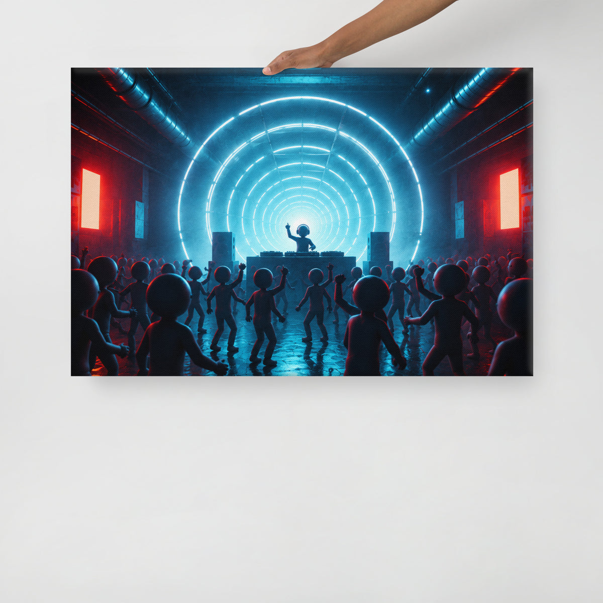 BLUE FREQUENCY canvas held by a person to show the physical artwork and its scale.