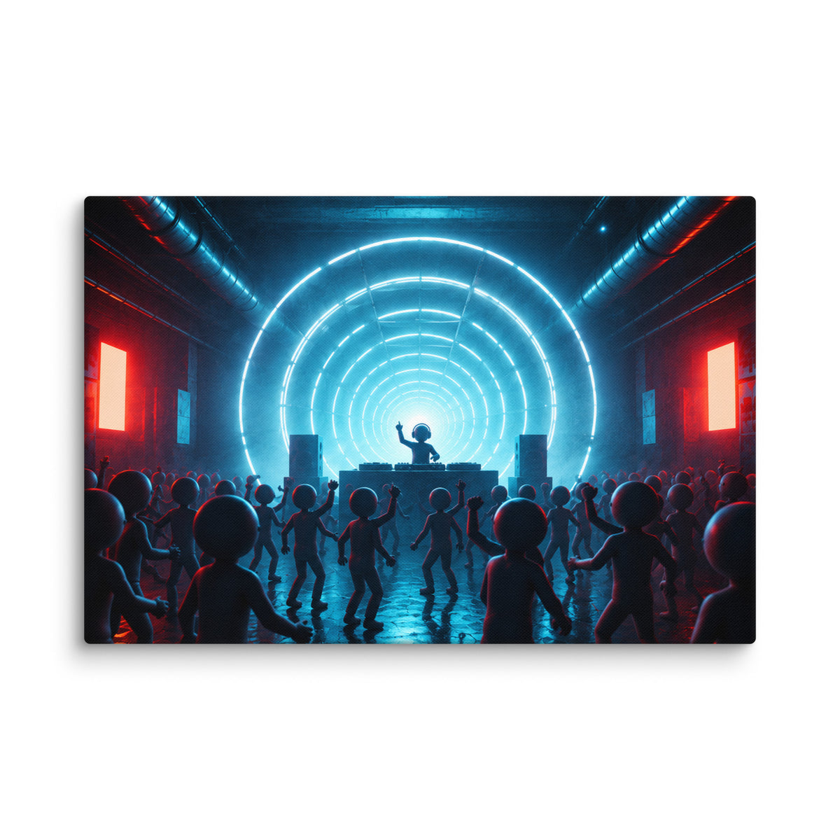 BLUE FREQUENCY canvas wall art. Blue light rings frame a DJ and a crowd of geometric figures with red accents.