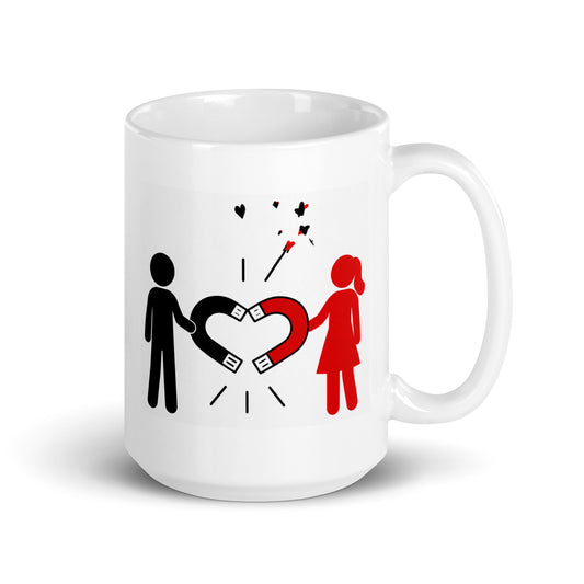 OPPOSITES ATTRACT white 15 oz mug. Black and red figures hold a heart-shaped magnet.