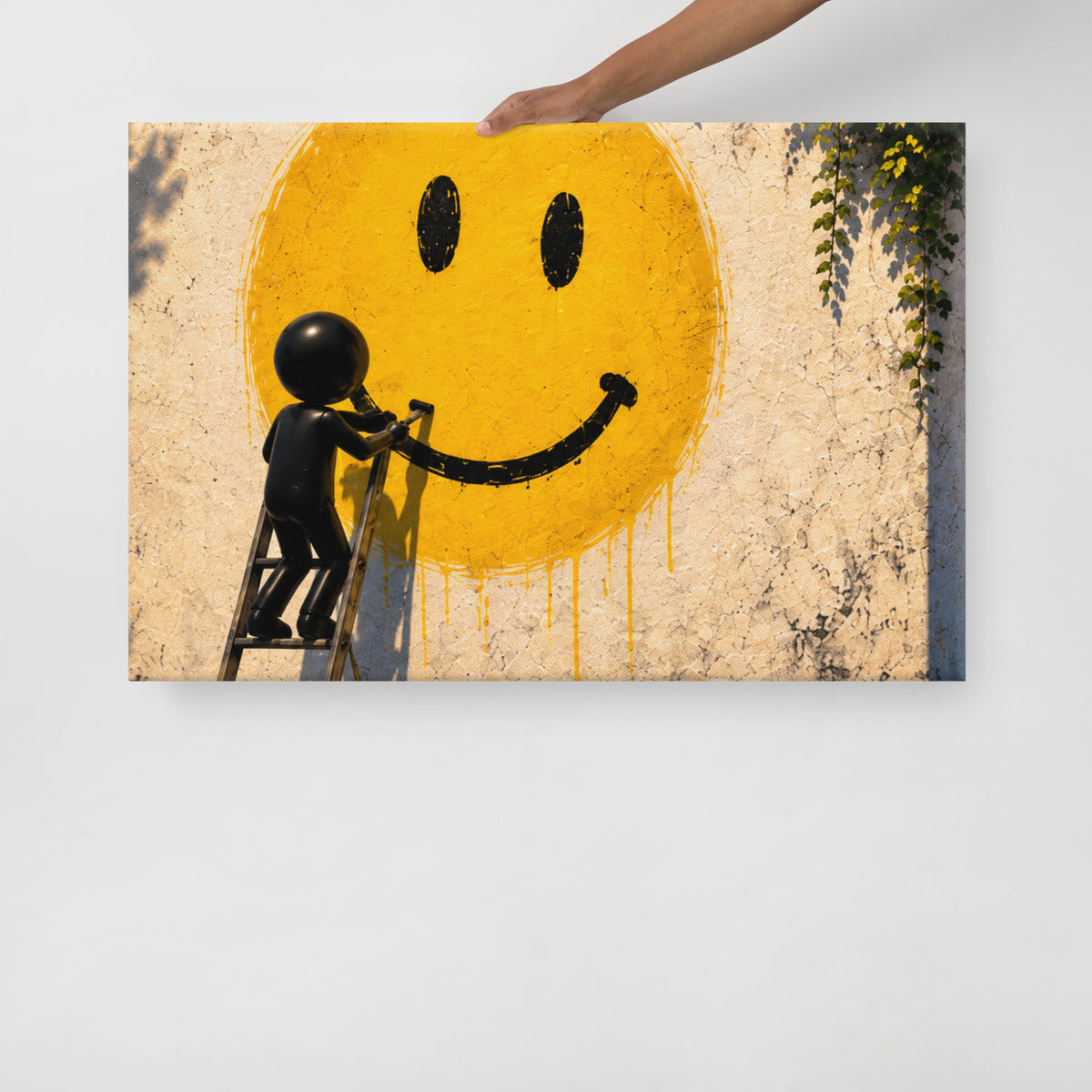 PAINT THE MOOD canvas held by a person to show the physical artwork and its scale.