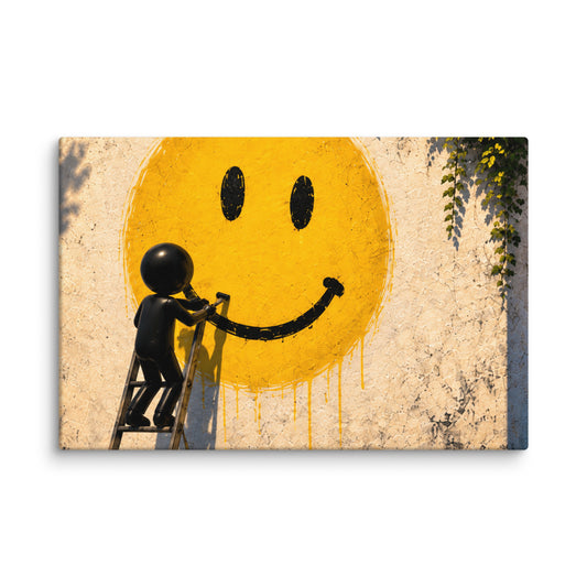 PAINT THE MOOD canvas wall art. A figure on a ladder paints a smile across a large yellow face.