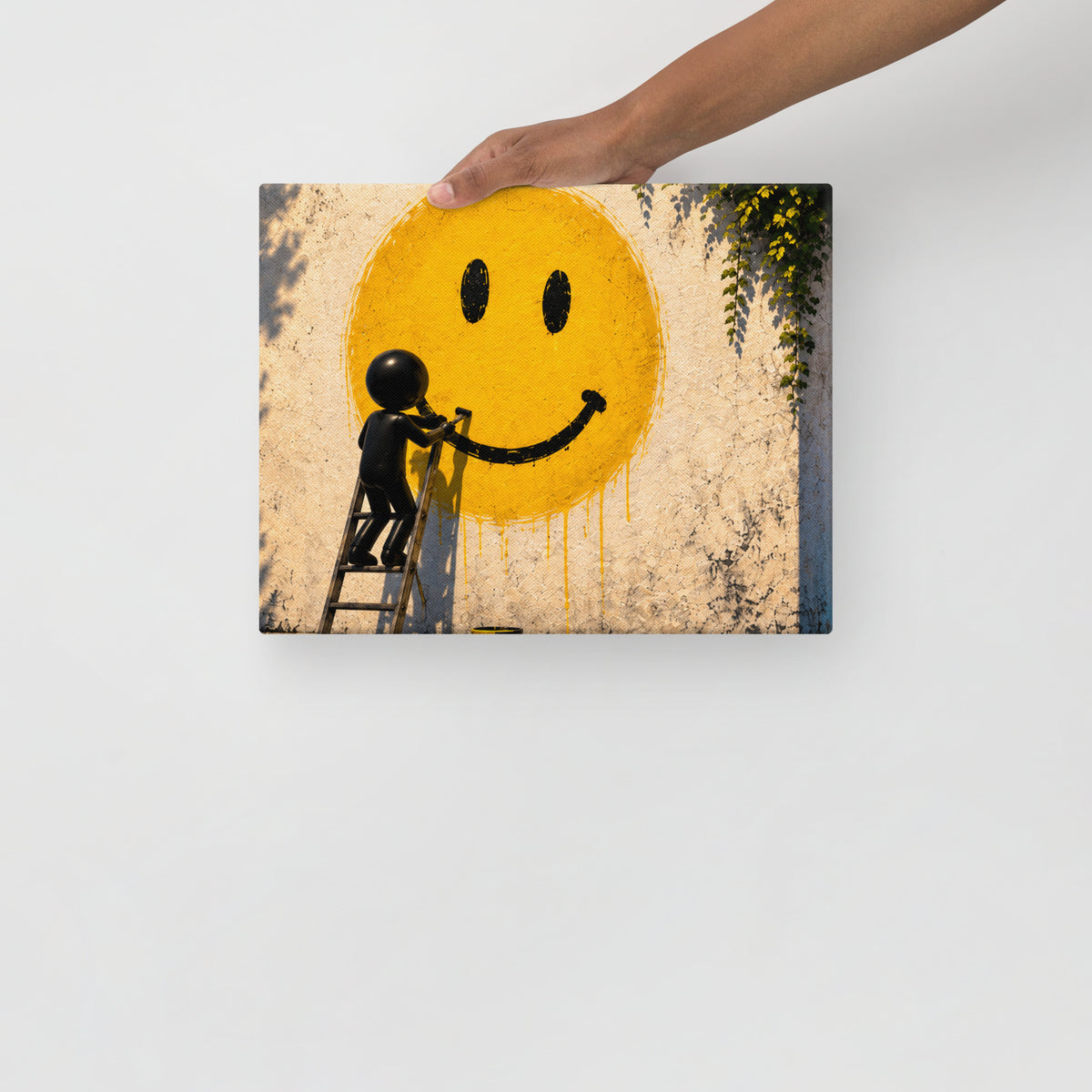 PAINT THE MOOD — 14 × 11 in canvas. Held by a person to show the small size.