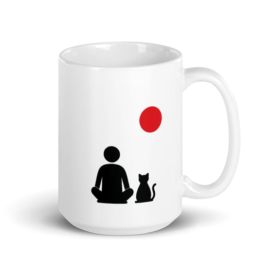 QUIET MOMENTS white 15 oz mug. A seated figure and a cat beneath a red circle.