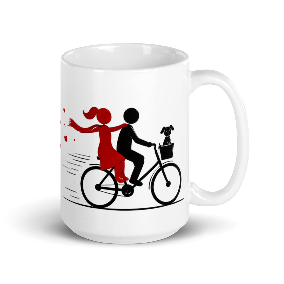 RIDE TOGETHER white 15 oz mug. Two figures ride a bicycle together with a small dog.
