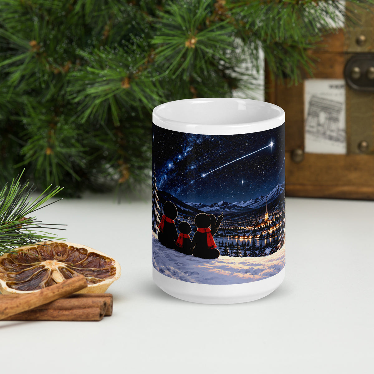 SAME STARS white 15 oz holiday mug, front view of the winter illustration.