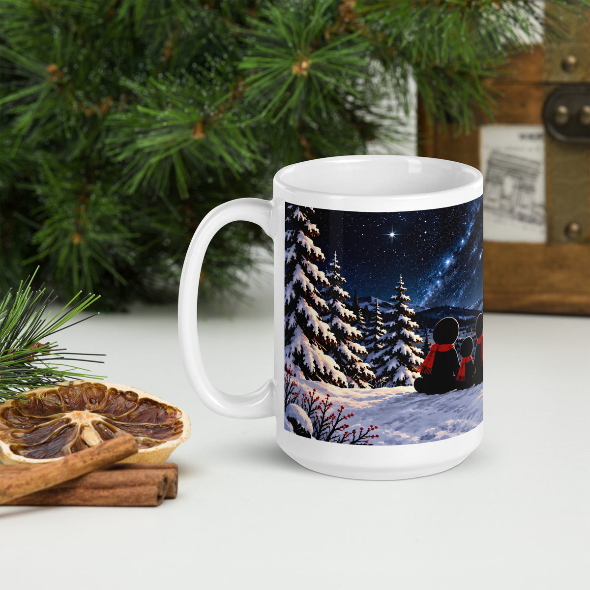 SAME STARS white 15 oz holiday mug, view with the handle on the left, showing another part of the winter illustration.