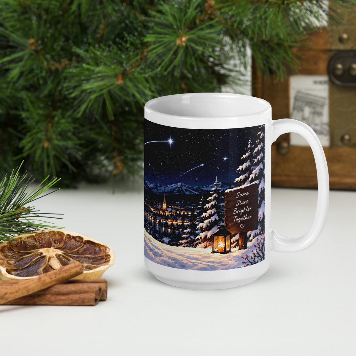 SAME STARS white 15 oz holiday mug, view with the handle on the right, showing another part of the winter illustration.