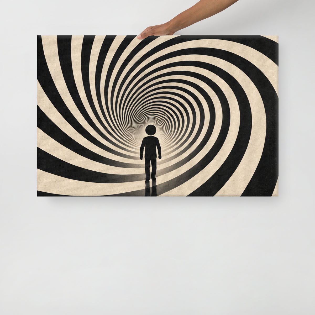 SPIRAL STATE canvas held by a person to show the physical artwork and its scale.