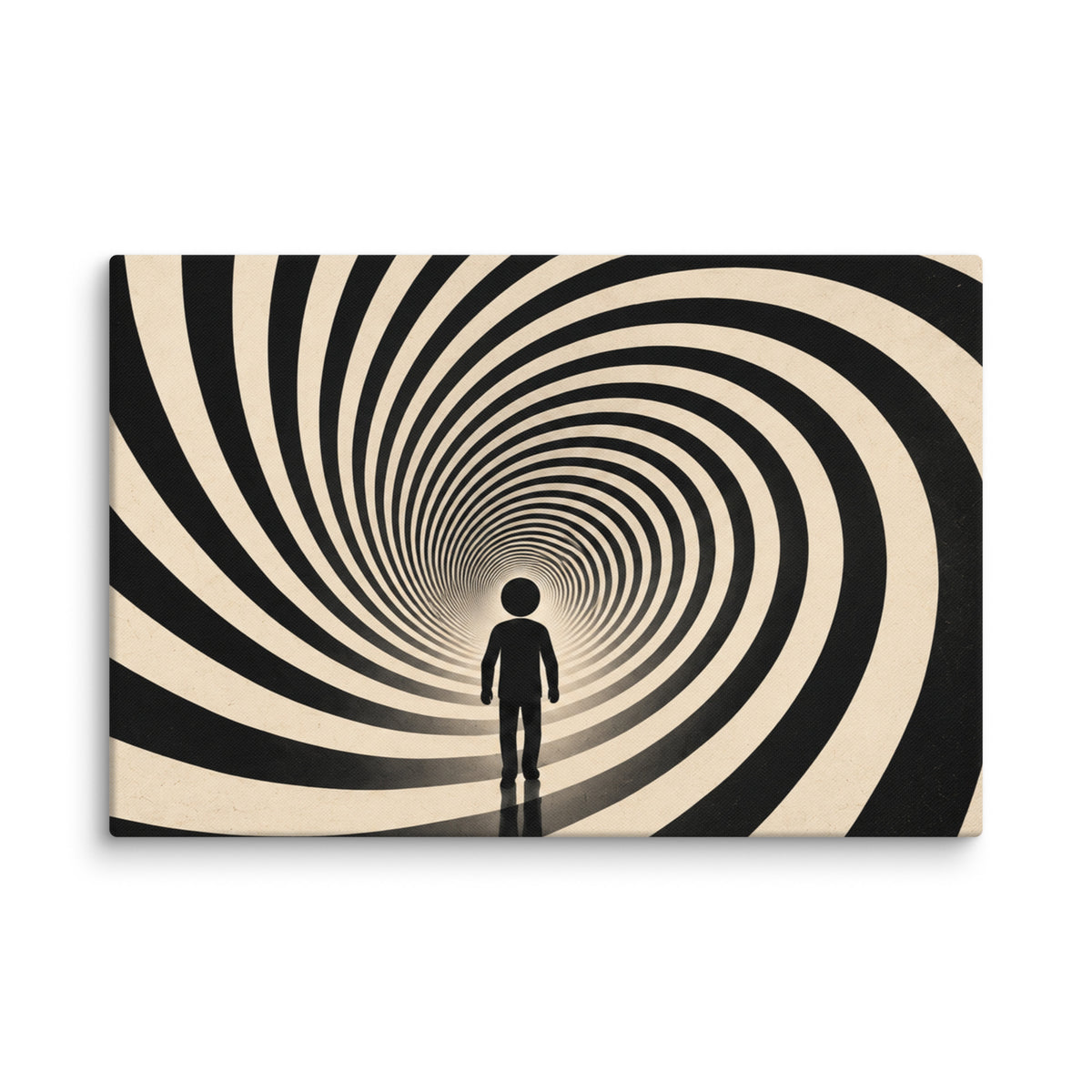 SPIRAL STATE canvas wall art. A solitary figure faces a sweeping black and cream spiral.