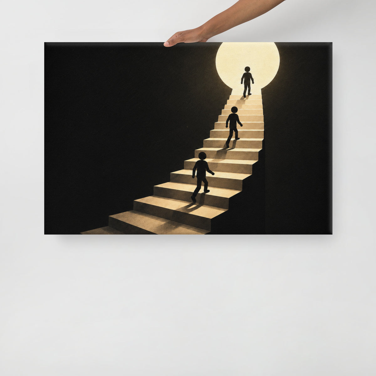 EXIT ABOVE canvas held by a person to show the physical artwork and its scale.