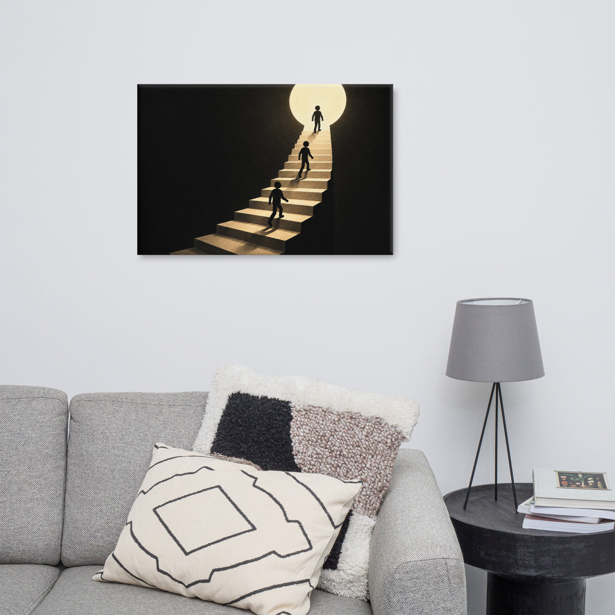 EXIT ABOVE canvas displayed in a room.