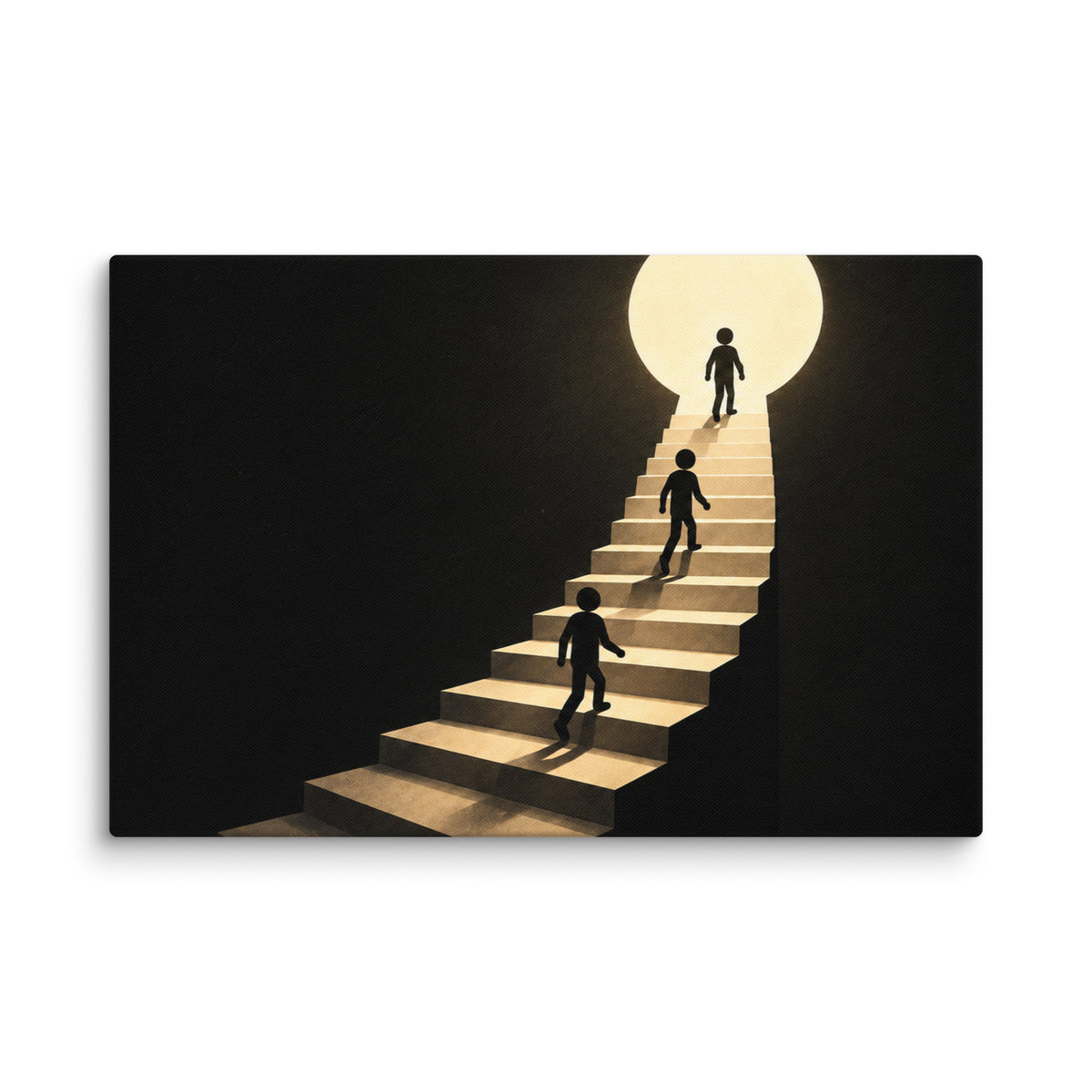 EXIT ABOVE canvas wall art. Three figures climb a stairway toward a bright circular opening.
