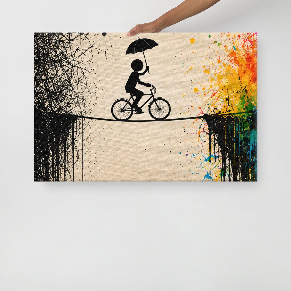 CROSSING THE NOISE canvas held by a person to show the physical artwork and its scale.