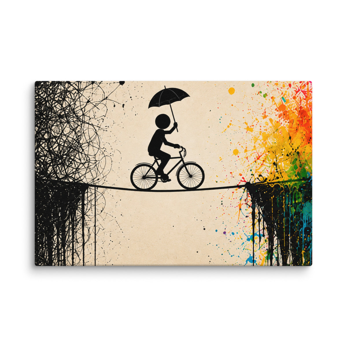 CROSSING THE NOISE canvas wall art. A cyclist beneath an umbrella crosses between tangled black lines and a burst of color.
