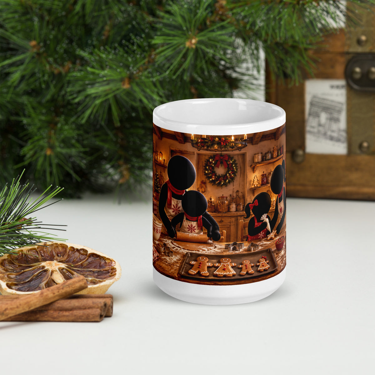 THE WARM BATCH white 15 oz holiday mug, front view of the winter illustration.