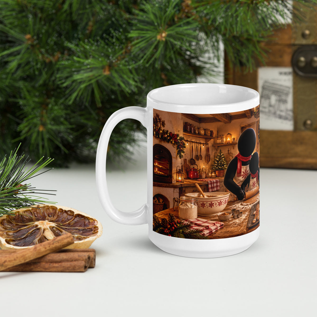 THE WARM BATCH white 15 oz holiday mug, view with the handle on the left, showing another part of the winter illustration.