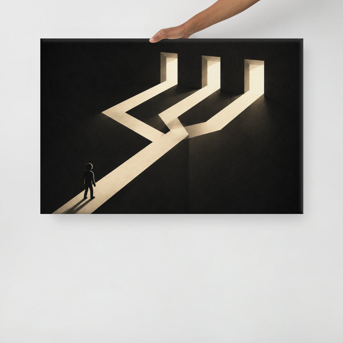 THREE WAYS FORWARD canvas held by a person to show the physical artwork and its scale.