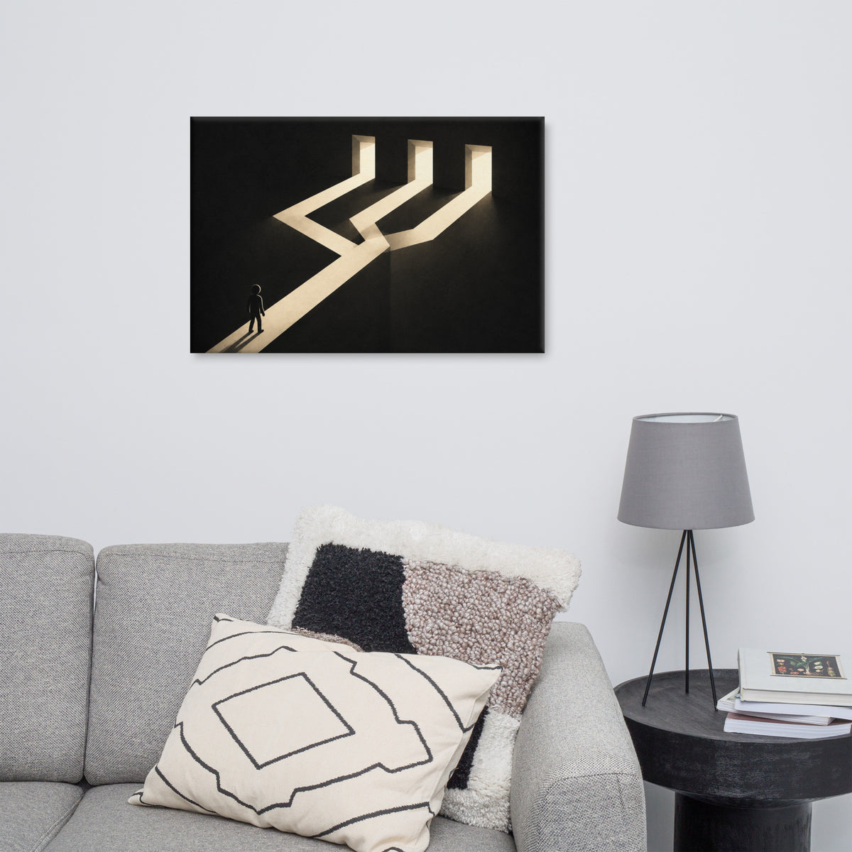THREE WAYS FORWARD canvas displayed in a room.