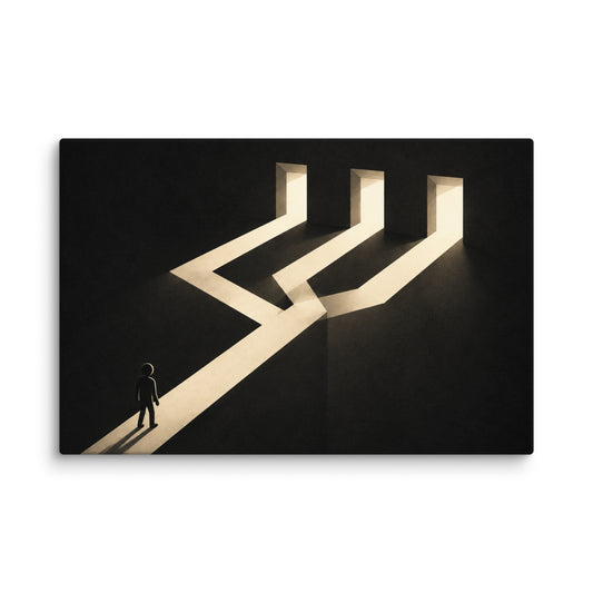 THREE WAYS FORWARD canvas wall art. A path divides toward three illuminated doorways around a small human figure.
