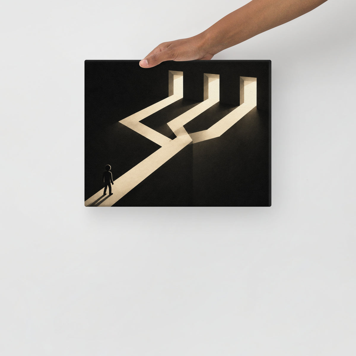 THREE WAYS FORWARD — 14 × 11 in canvas. Held by a person to show the small size.
