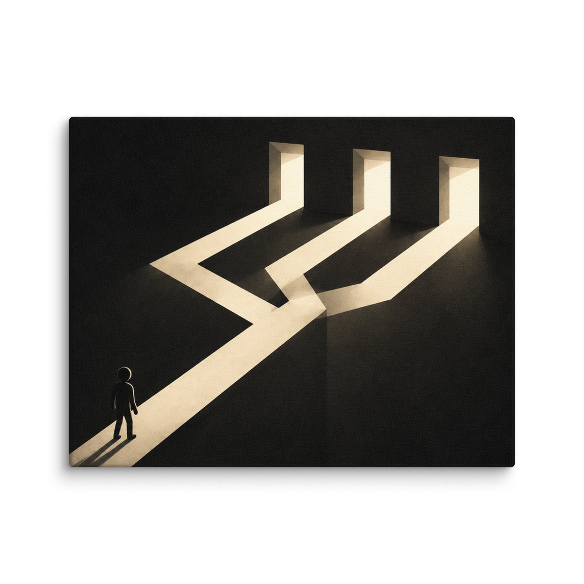 THREE WAYS FORWARD — 14 × 11 in canvas. Wall mockup.