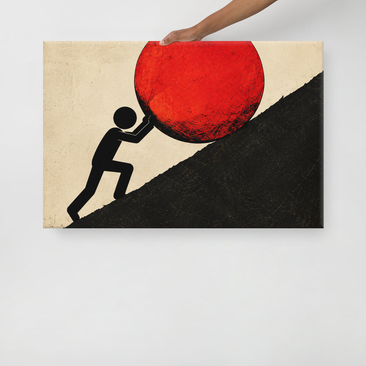UPHILL canvas held by a person to show the physical artwork and its scale.
