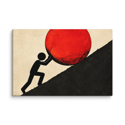 UPHILL canvas wall art showing a geometric figure pushing a red circle up a steep incline.