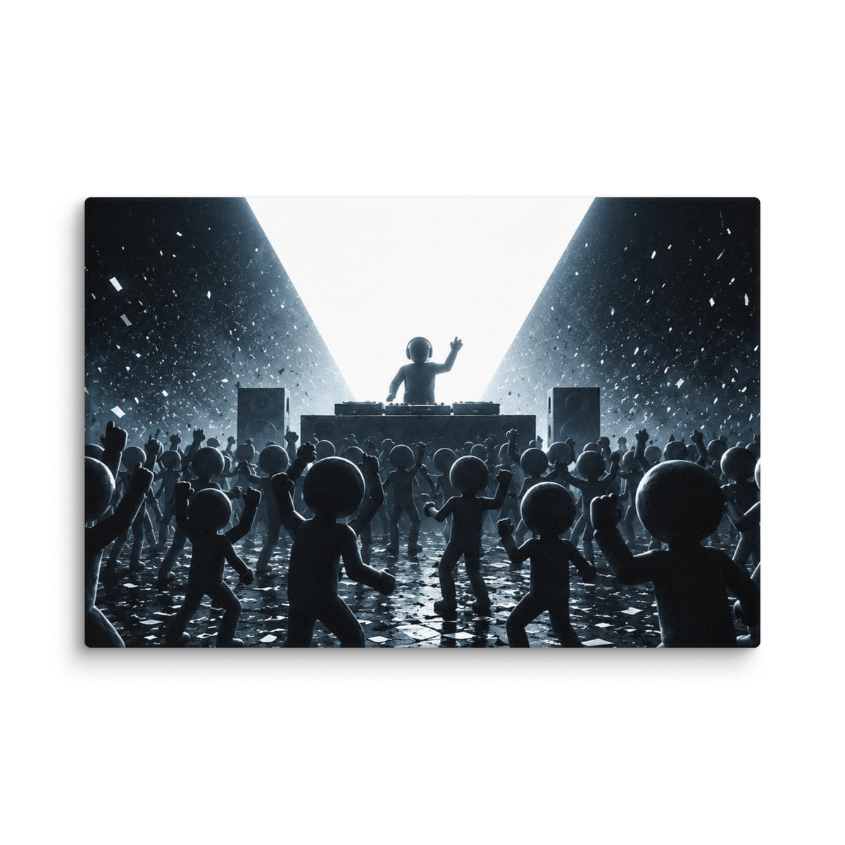 WHITE NOISE canvas wall art showing a DJ and a geometric crowd beneath a triangular beam of light.