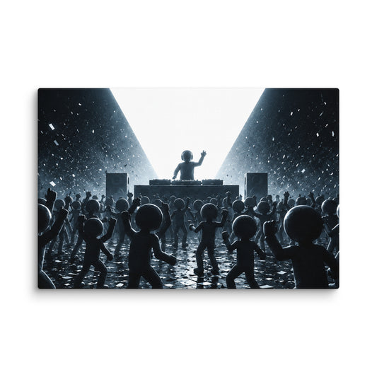 WHITE NOISE canvas wall art showing a DJ and a geometric crowd beneath a triangular beam of light.