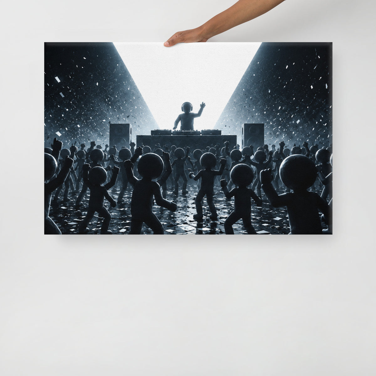 WHITE NOISE canvas held by a person to show the physical artwork and its scale.