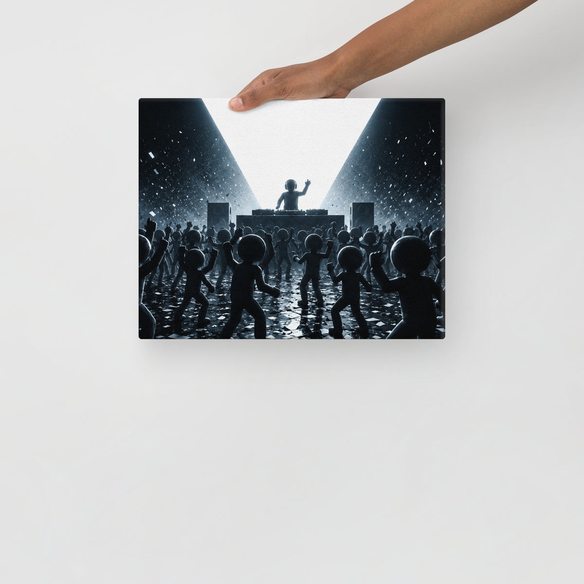 WHITE NOISE — 14 × 11 in canvas. Held by a person to show the small size.