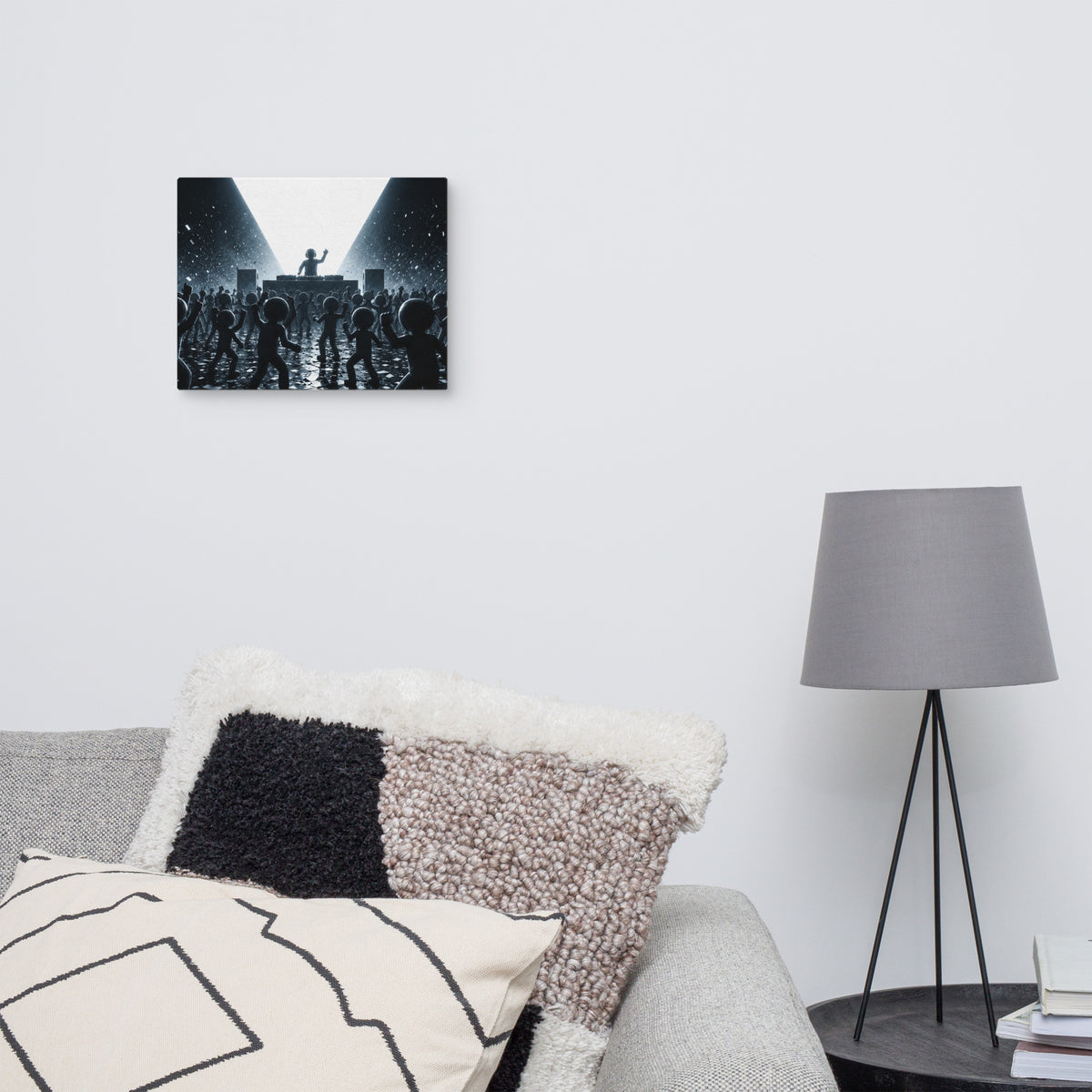 WHITE NOISE — 14 × 11 in canvas. Displayed in a room.