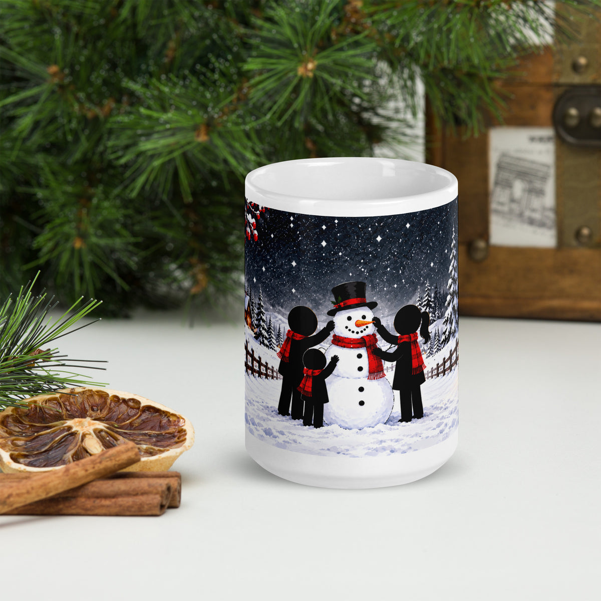 WINTER HANDS white 15 oz holiday mug, front view of the winter illustration.