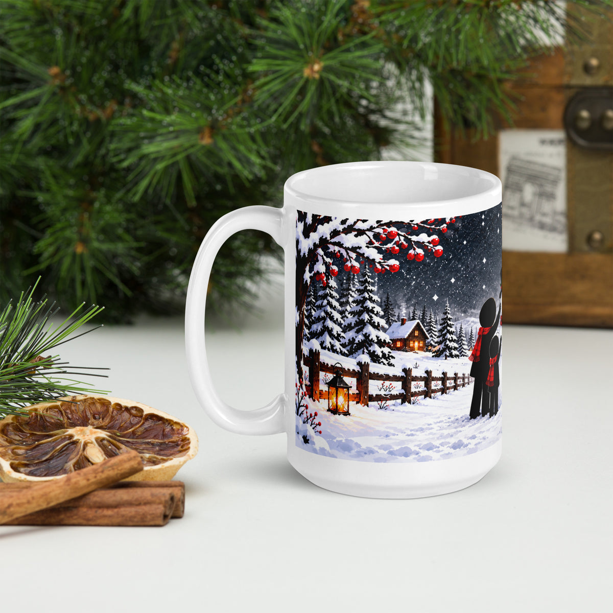 WINTER HANDS white 15 oz holiday mug, view with the handle on the left, showing another part of the winter illustration.