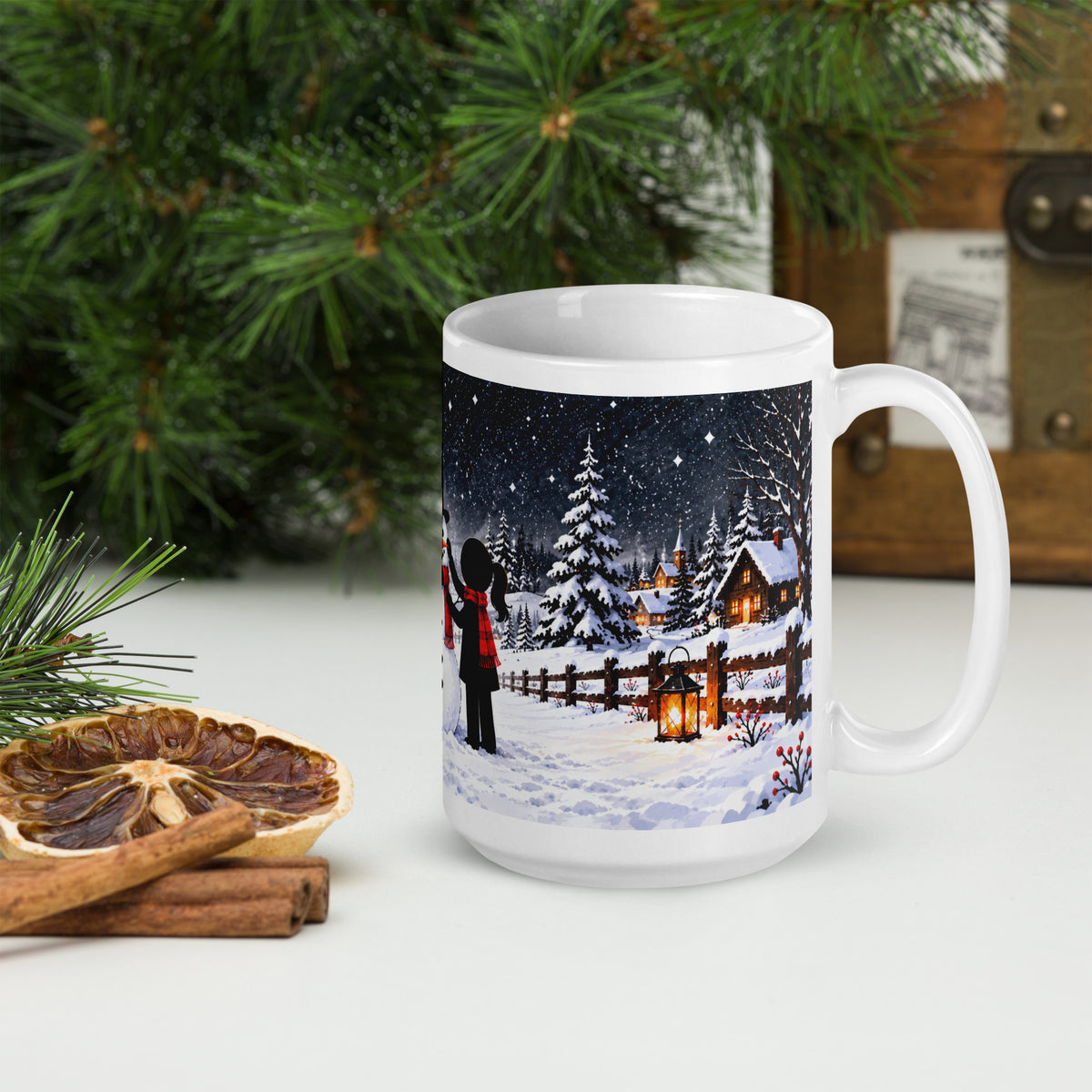 WINTER HANDS white 15 oz holiday mug, view with the handle on the right, showing another part of the winter illustration.